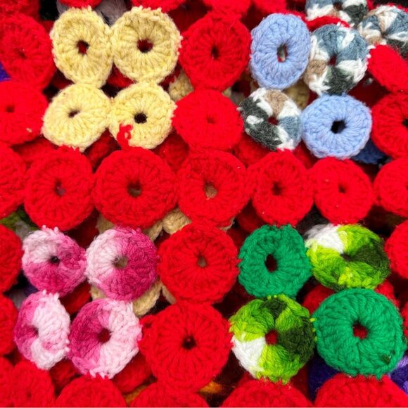 Vintage Afghan Crocheted Blanket Throw Red Rainbow Rings Handmade Retro Granny - Picture 3 of 8